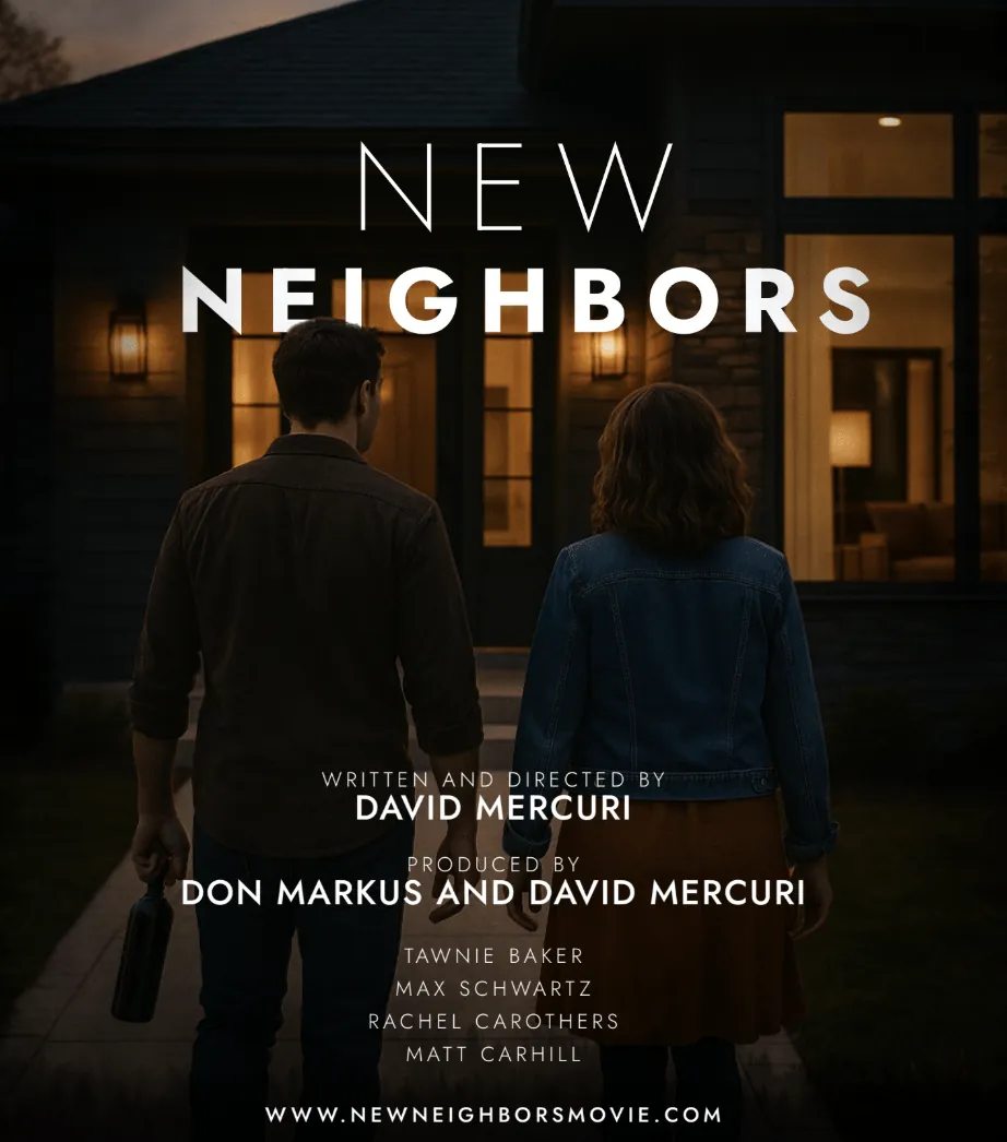 New Neighbors poster — two people approaching a lit house at dusk
